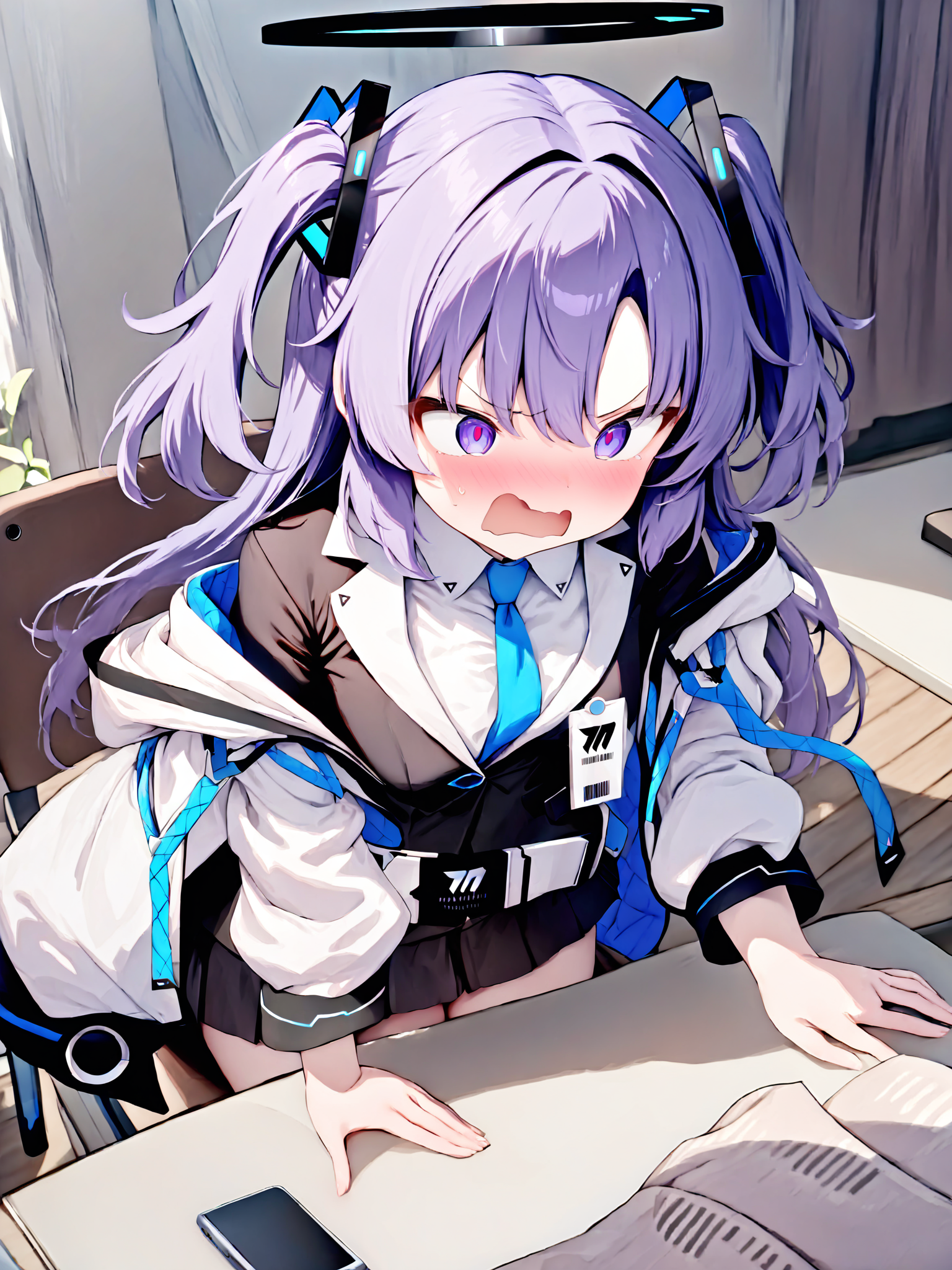 [masterpiece, best quality, very aesthetic]
 (sitting,phone on table,table:1.1)
 <lora:yuuka_blue archive_PONY_last:1> solo, 1girl, yuuka-default, yuuka \(blue archive\),purple eyes,purple hair,long hair,two side up,halo,necktie, shirt,(black half gloves:1.1), pleated skirt,belt, surprise, angry, <lora:anime enhancer V3 xl:0.7>