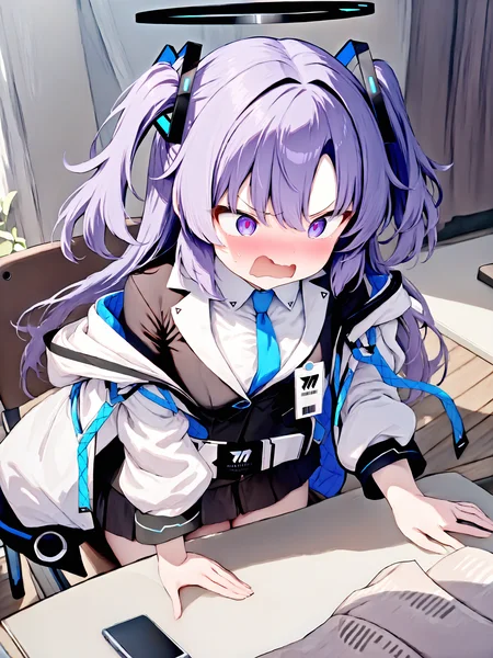 [masterpiece, best quality, very aesthetic]
 (sitting,phone on table,table:1.1)
 <lora:yuuka_blue archive_PONY_last:1> solo, 1girl, yuuka-default, yuuka \(blue archive\),purple eyes,purple hair,long hair,two side up,halo,necktie, shirt,(black half gloves:1.1), pleated skirt,belt, surprise, angry, <lora:anime enhancer V3 xl:0.7>