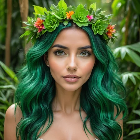 A headshot photo of a female model with emerald green hair styled in loose, ethereal waves, wearing a floral crown. Lush jungle background with exotic plants and colorful birds.
