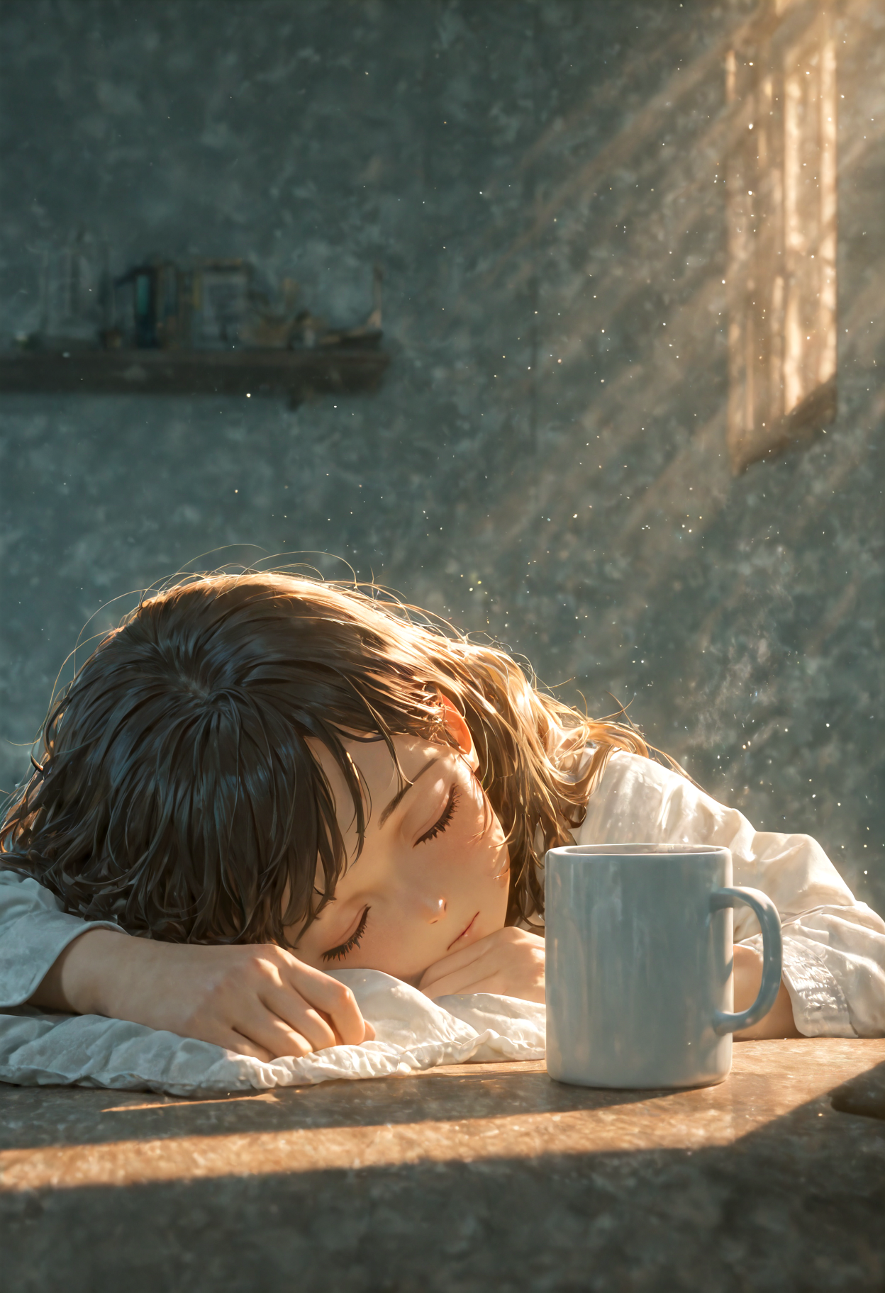 coffee mug focus, room, 1girl background, sleep face down on table, cropped arm, early morning, light rays, (hazy air:1.2), light particles, cinematic lighting, (depth of field, blurry background:1.2), masterpiece, best quality, amazing quality, very aesthetic, absurdres, newest,