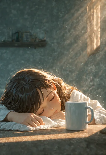 coffee mug focus, room, 1girl background, sleep face down on table, cropped arm, early morning, light rays, (hazy air:1.2), light particles, cinematic lighting, (depth of field, blurry background:1.2), masterpiece, best quality, amazing quality, very aesthetic, absurdres, newest,
