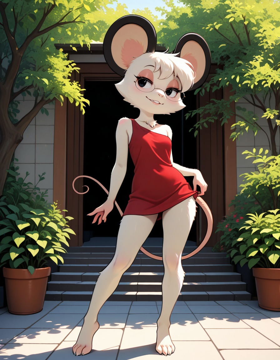 masterpiece, best quality, very aesthetic, absurdres,
outdoors,
full body, standing, posing, 
 seductive smile, parted lips, long eyelashes,
 <lora:Tamy_v01_NAIXL:1>
T4my,1girl,solo,furry,furry female,mouse girl,short hair,mouse ears,black eyes,glasses,animal nose,body fur,white fur,mouse tail,