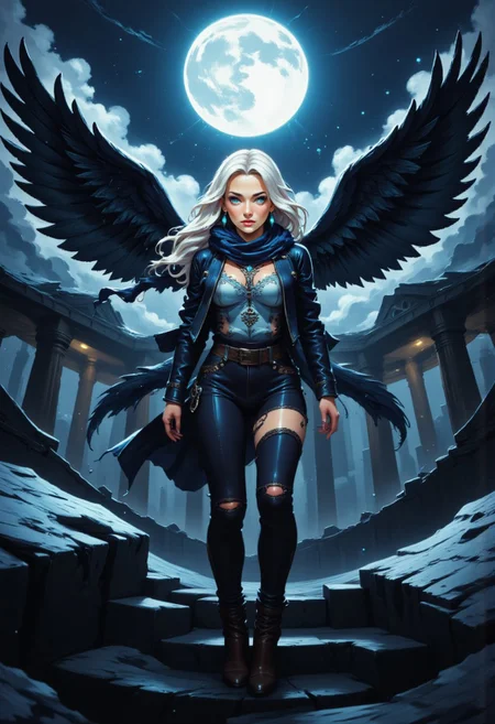 blonde girl with Elsa Hosk's face, in a torn leather jacket, torn scarf, torn jeans, wounded, open black wings - huge like an angel's, against the backdrop of the bright shining night, moon,  winter, on the roof of the destroyed cathedral, detail fantasy, hyper detail, 4k, realistic style, fantasy style, painterly style, high detail, hyper detail, low contrast, dull colors, exposure blending, HDR, faded, super detail, professional art, high detail fantasy,