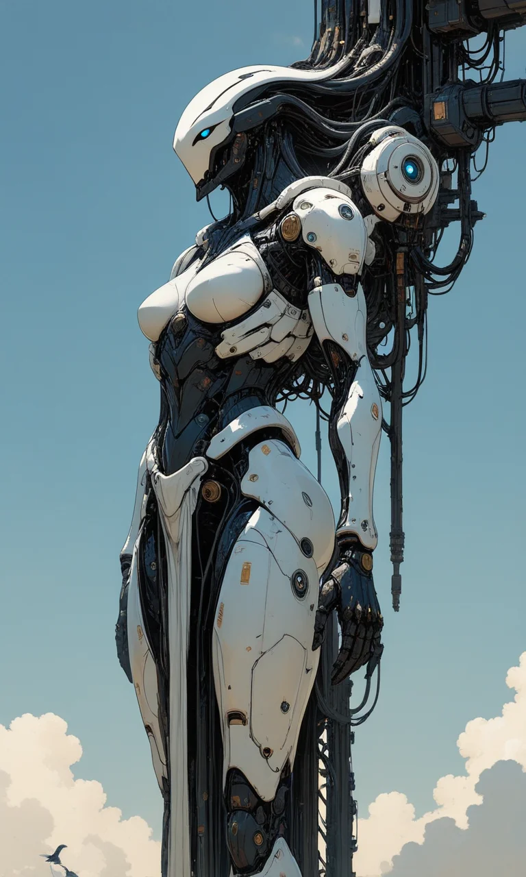 highly detailed futuristic CGI image of a sleek white robotic bird-like creature with intricate dark mechanical innards and glowing blue eyes set against a bright blue sky with scattered clouds., masterpiece, fine details, <lora:- iLL -PdJ_highres_counterweight _V1.0-step00007000:.8>, <lora:- iLL - the_edgy_mech_V2.0-step000013500:0.2> <lora:Illustrious:0.4>
