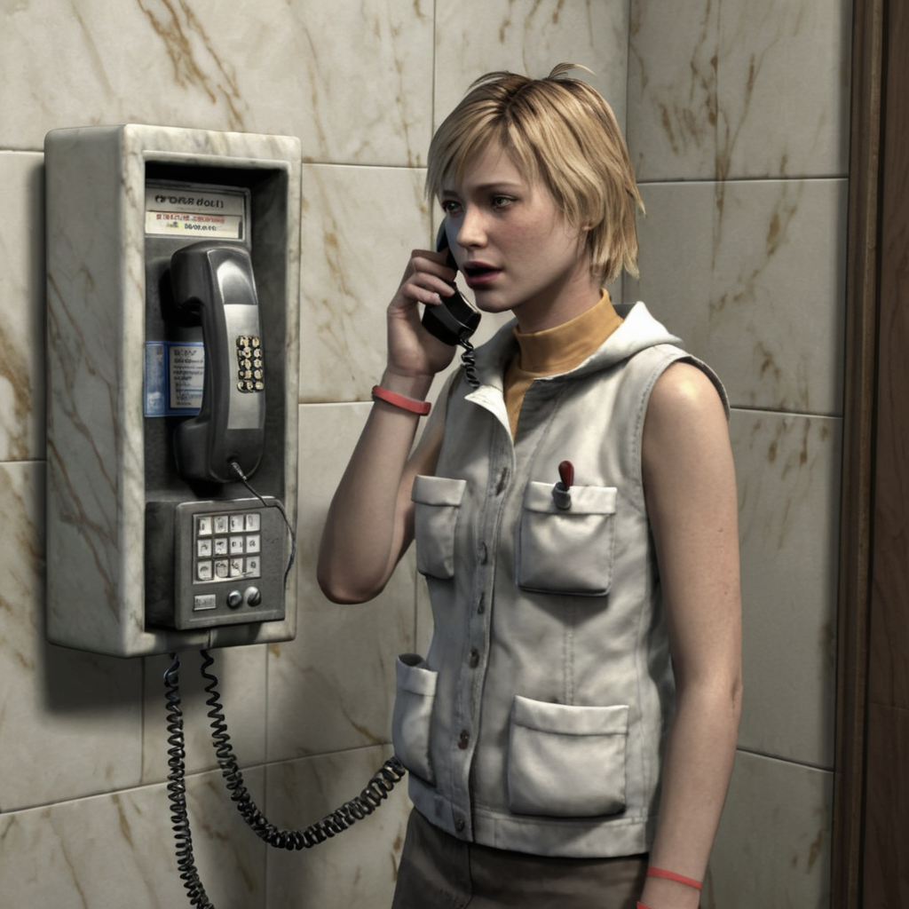 sh3heather, a woman is talking at a pay phone, indoors, tile marble wall  <lora:sh3heather:0.7>