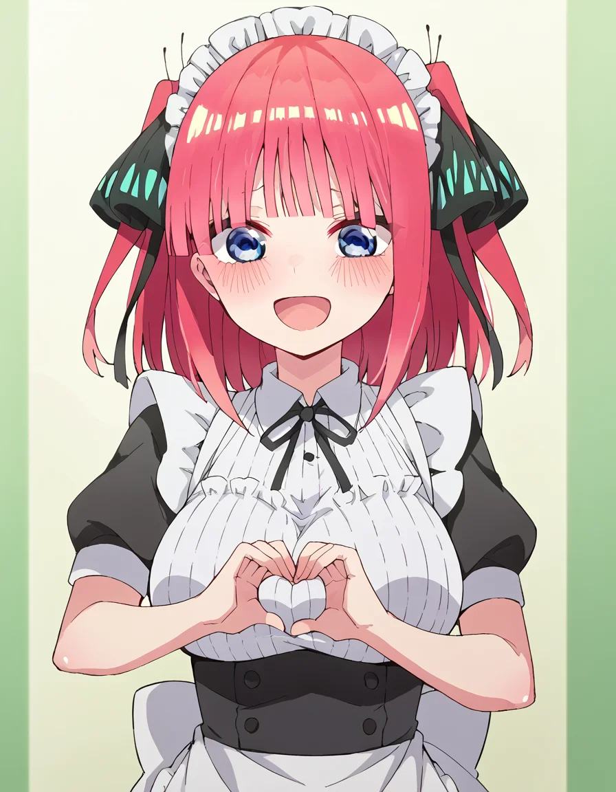 score_9, score_8_up, score_7_up, source_anime, <lora:nnakano-s2-ponyxl-lora-nochekaiser:1>, short hair, bangs, blue eyes, hair ornament, hair ribbon, pink hair, blunt bangs, two side up, butterfly hair ornament, large breasts,, <lora:moe-moe-kyun-ponyxl-lora-nochekaiser:1> heart-shaped boob challenge, moe moe kyun! heart hands, enmaided, maid, maid headdress, apron, maid apron, ,, open mouth, blush, embarrassed, clsoed eyes, smile,, cowboy shot
