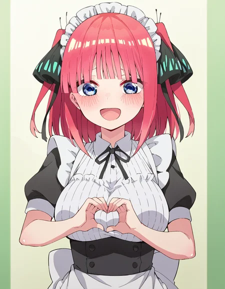 score_9, score_8_up, score_7_up, source_anime, <lora:nnakano-s2-ponyxl-lora-nochekaiser:1>, short hair, bangs, blue eyes, hair ornament, hair ribbon, pink hair, blunt bangs, two side up, butterfly hair ornament, large breasts,, <lora:moe-moe-kyun-ponyxl-lora-nochekaiser:1> heart-shaped boob challenge, moe moe kyun! heart hands, enmaided, maid, maid headdress, apron, maid apron, ,, open mouth, blush, embarrassed, clsoed eyes, smile,, cowboy shot