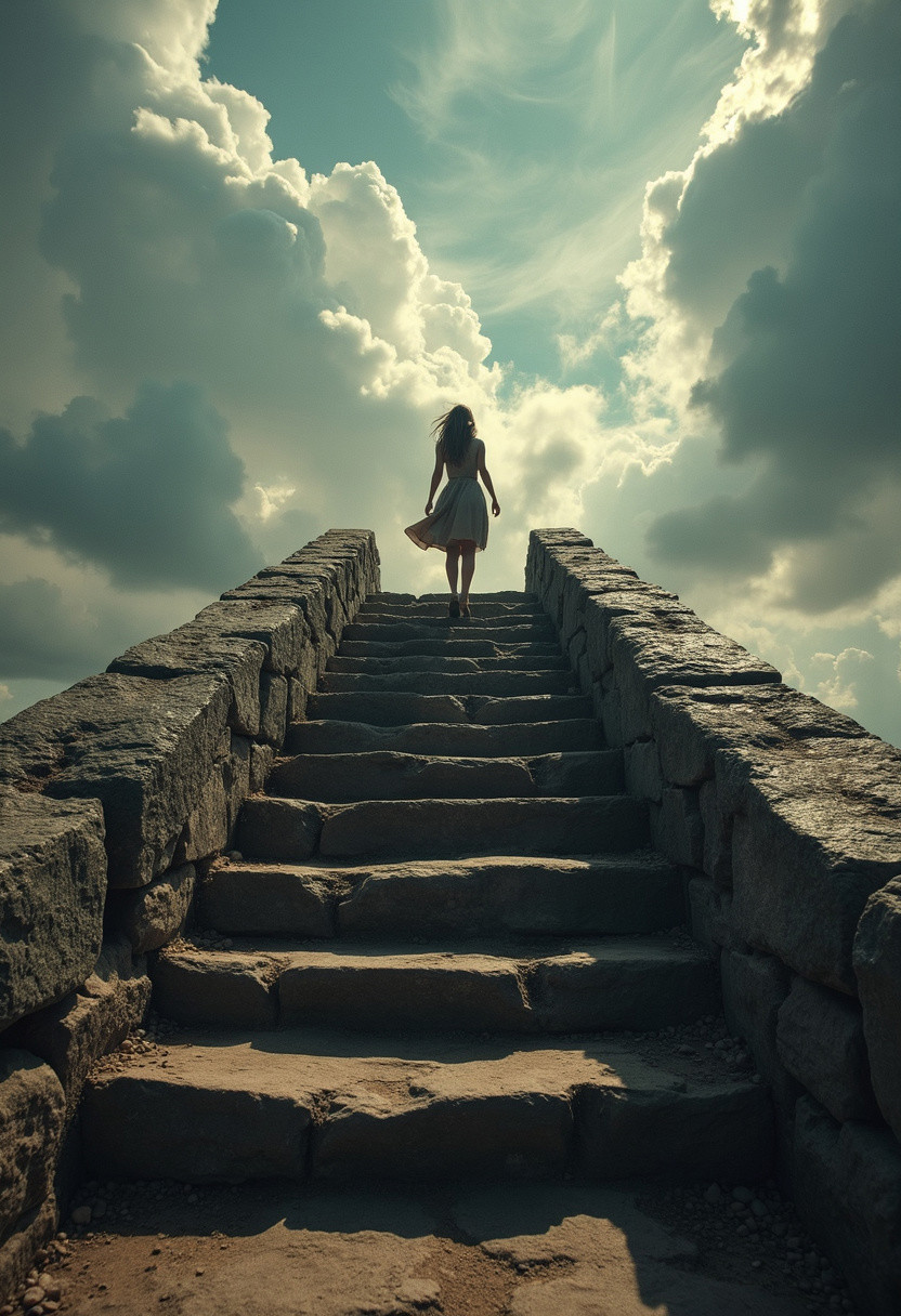 Capture the moment: A woman's perspective as she ascends a seemingly endless otclillsn old weathered stone staircase into the sky clouds, large pyramid shaped vanta black crack in sky, 
 deep Blacks, very detailed, atmospheric haze, Film grain, cinematic film still, shallow depth of field, highly detailed, high budget, cinemascope, moody, epic, OverallDetail, 2000s vintage RAW photo, photorealistic, candid camera, color graded cinematic, eye catchlights, atmospheric lighting, imperfections, natural, shallow dof