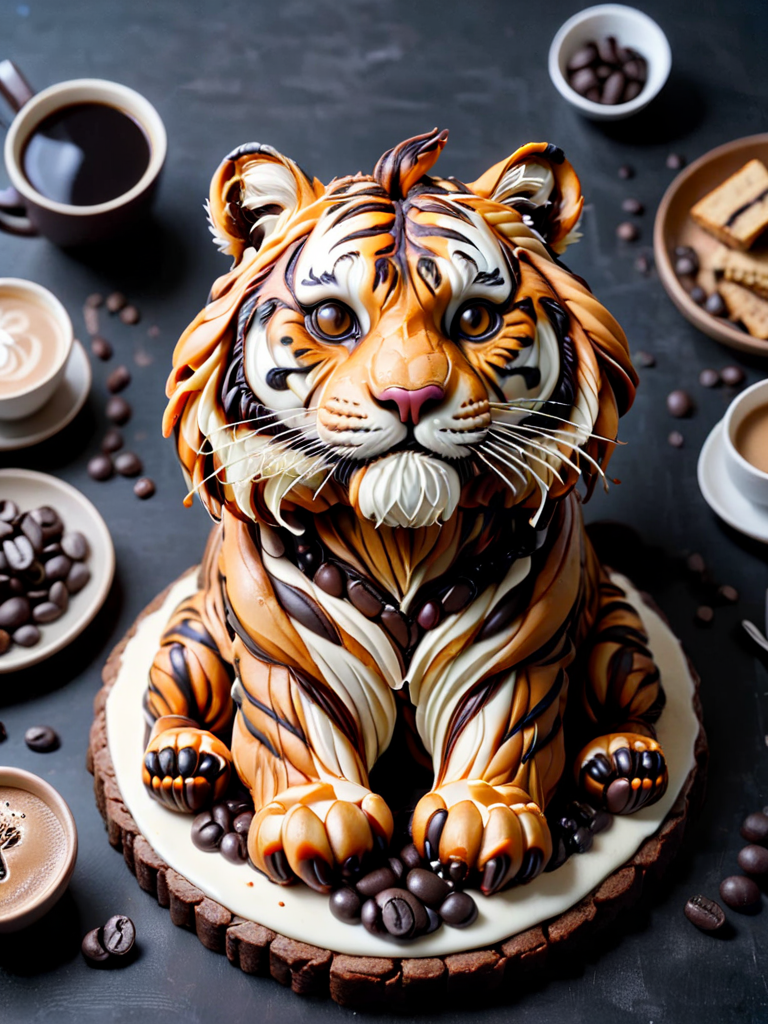 cofzee, a tiger cake sitting on top of a table, made out of coffee and beans <lora:cofzee:1>