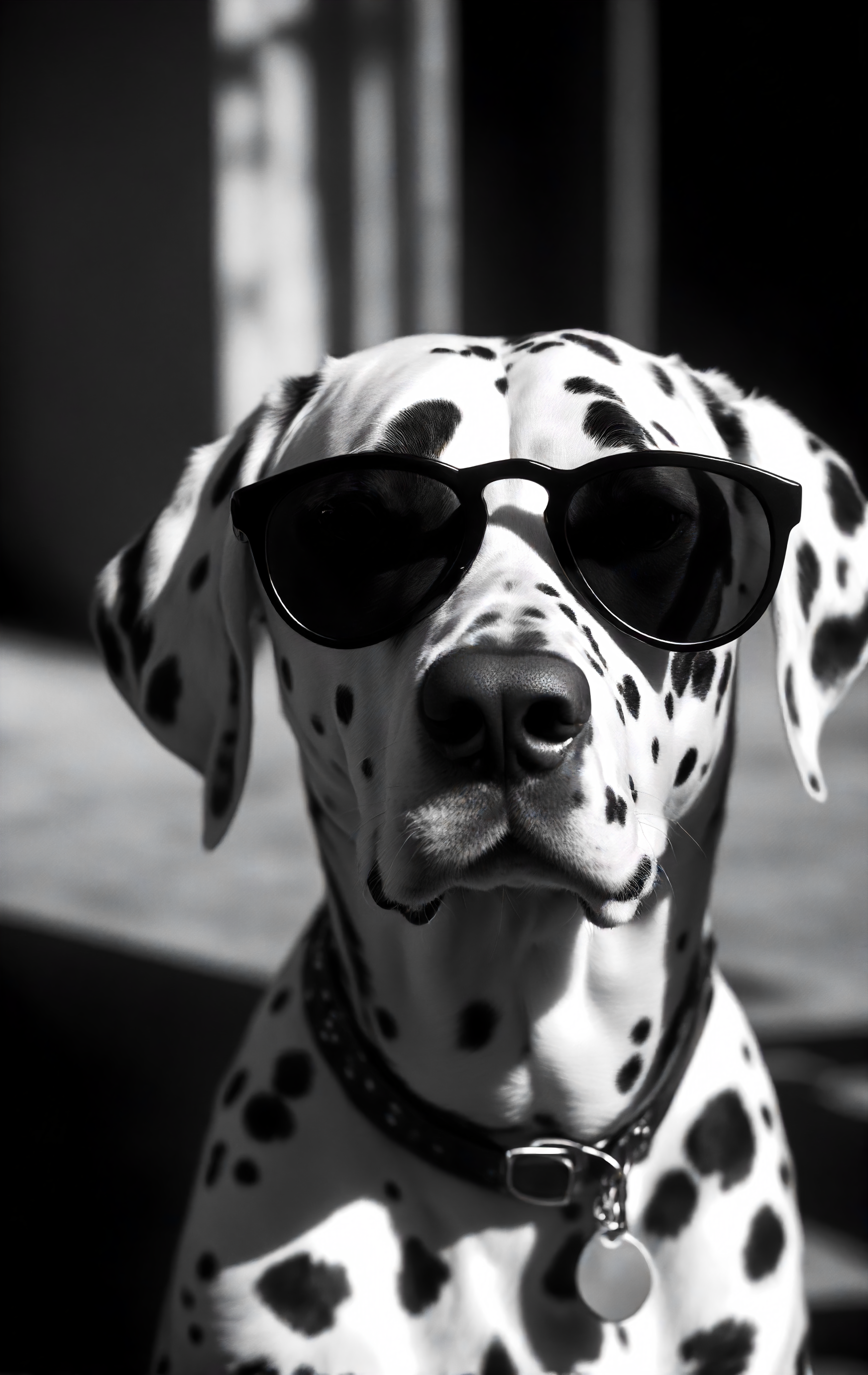 (monochrome, black and white:1.4), natural photography of a Dalmatian, sunglasses, cinematic, detailed shadow, <lora:casting shadow style v2:1> casting shadow style,