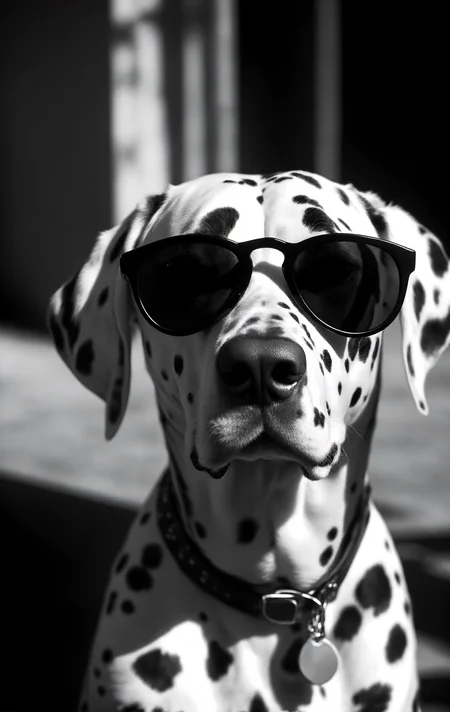 (monochrome, black and white:1.4), natural photography of a Dalmatian, sunglasses, cinematic, detailed shadow, <lora:casting shadow style v2:1> casting shadow style,