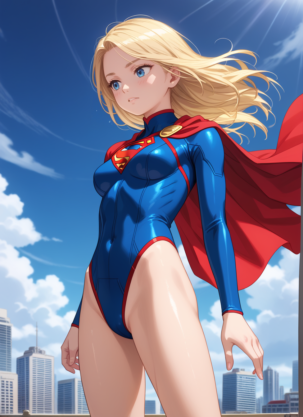 1girl, solo, Cowboy Shot, Supergirl, cute, seductive, innocent, light smile:0.3, plump lips, slender body, blonde long hair, in high detailed and textured Supergirl suit, long red cape, gold ornate, gold embedded, landing, above the skyscrapers, ready for combat, arms along the body, city skylines Background, depth of field, dynamic angle, fashion photography, sharp, hyperdetailed:1.15,, BREAK ,score_9, score_8_up, score_7_up, detailed face, detailed body, best background, detailed background, uncensored,, BREAK ,anime screencap, anime coloring,, , shiny, shiny skin, shiny hair, soft body,, , (partially visible vulva:0.7),