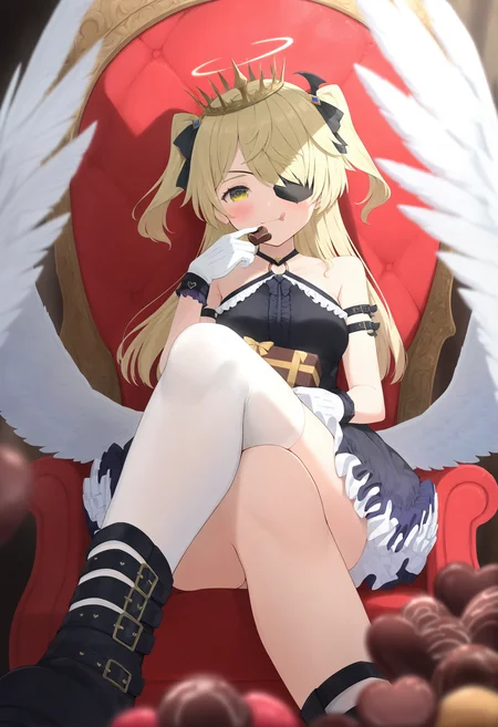 1girl, eyepatch, solo, gloves, dress, wings, white gloves, blonde hair, throne, yellow eyes, o-ring, crossed legs, thighhighs, holding, sitting, looking at viewer, fischl \(genshin impact\), chocolate, tongue, tongue out, black dress, white wings, black footwear, two side up, blurry foreground, halo, long hair, frilled dress, angel wings, one eye covered, box, halterneck, bare shoulders, feathered wings, white thighhighs, boots, arm strap, single thighhigh, blurry, frills, breasts, closed mouth, tiara, crown, alternate costume, sleeveless dress, blush, smile, hair ornament, halter dress, sleeveless, chair, valentine,
masterpiece,best quality,newest,absurdres,highres,very awa,<lora:negi1_noob1.1-000186:0.8>,