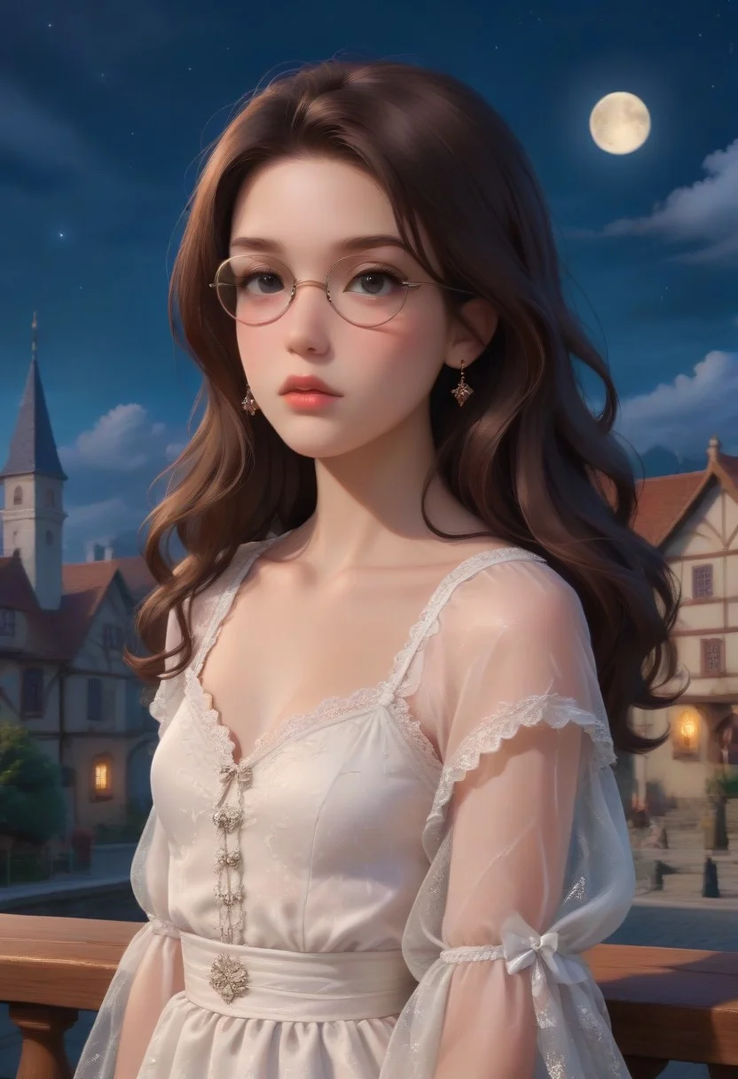 score_9, score_8_up, score_7_up, masterpiece, illustration, the best quality, ((solo)), 1girl, beautiful tender 18 years, lipstic, eyewear, small chest, small ass,
dariaTV, glasses, brown hair, long hair, round-rimmed eyewear, lips, dot eyes, bored eyes, expressionless,
Luxurious, beautiful, luxurious gothic dress white dress (lace, frills)
Night, stars, only one Moon,
on rooftop, on top of medieval town, night time,
dynamic angle, cowboy shot, dynamic pose, cute, realistic, wide shot, view legs