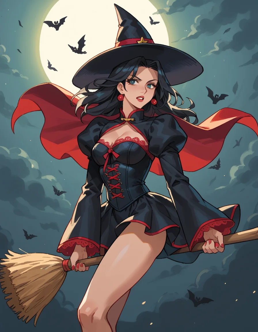 Street Fighter style score_9, score_8_up, score_7_up, score_6_up, score_5_up, score_4_up, hud_br00m, 1girl, solo, broom, Deep crimson full gown with black lace overlay, corset top, flowing sleeves, photo by Annie Leibovitz, broom riding, long black hair, witch hat, <lora:hud_br00m_XLP:0.8>, flying