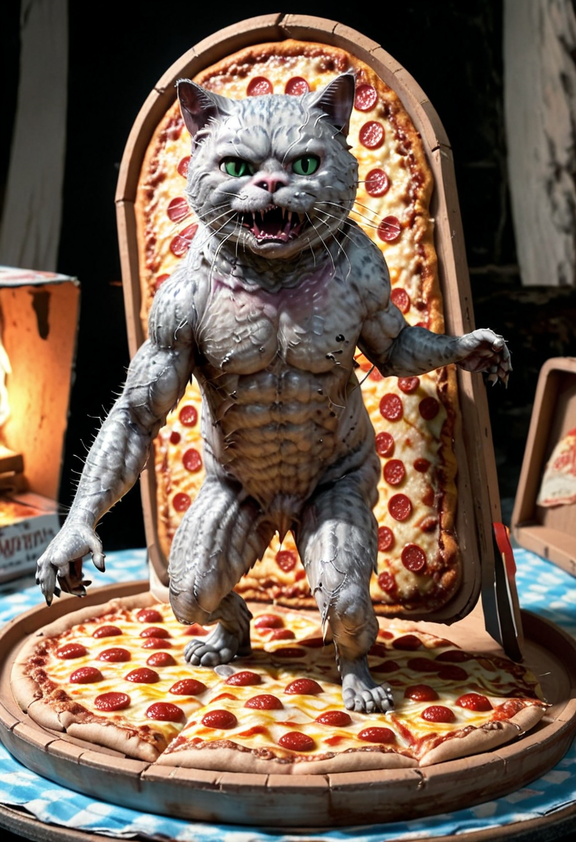 masterpiece, 4k, intricate details, highly-detailed, hyper-realistic. best lighting, horror theme,
bm0v13 Stuffed cat surfing on a pizza box ,
 <lora:bmovie-horror-SDXL:1.3>