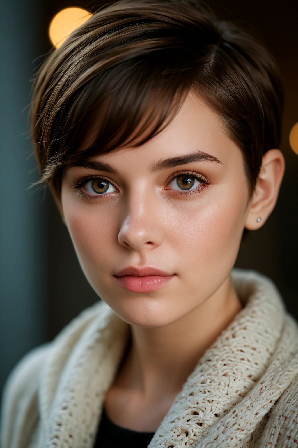 cinematic film still centered, portrait photo of 25 y.o woman, pixie cut, open jacket, sweater, natural skin, dark shot
BREAK
award winning artwork, many details, extreme detailed, full of details, Wide range of colors, Dramatic, Dynamic, Cinematic, Sharp details, Insane quality, Insane resolution, Insane details, Masterpiece, 32k resolution, day, natural light, pastel colored theme, insane detail, 32k, RAW,   <lora:extremely_detailed:0.8> extremely detailed . shallow depth of field, vignette, highly detailed, high budget, bokeh, cinemascope, moody, epic, gorgeous, film grain, grainy