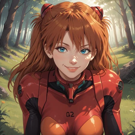 score_9, score_8, BREAK, solo, Asuka_Langley_Soryu_(Evangelion), 1girl, long hair, bangs, blue eyes, brown hair, hair ornament, red bodysuit, red gloves, red boots, self portrait, smile, looking at viewer, outdoors, sunlight, shadows, evening lighting, natural lighting, forest, trees, grass, orange sky, sunset