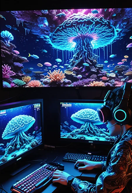 , Coral reef virtual reality gaming championship, with anglerfish gamers wearing VR headsets, tentacled controllers, and bioluminescent haptic feedback suits. Esports arena carved into massive brain coral, streaming to fish audiences worldwide. Retro-futuristic digital art style blending 80s arcade aesthetics with advanced tech concepts. Multiple screens showing first-person views and spectator modes. Hyper-detailed gaming equipment with organic, coral-inspired designs. Satirical take on gaming culture and technological escapism. Commentary on the merging of virtual and physical realities. Inspired by Tron legacy and vaporwave art movement. Keywords: electrifying, immersive, slightly surreal.
