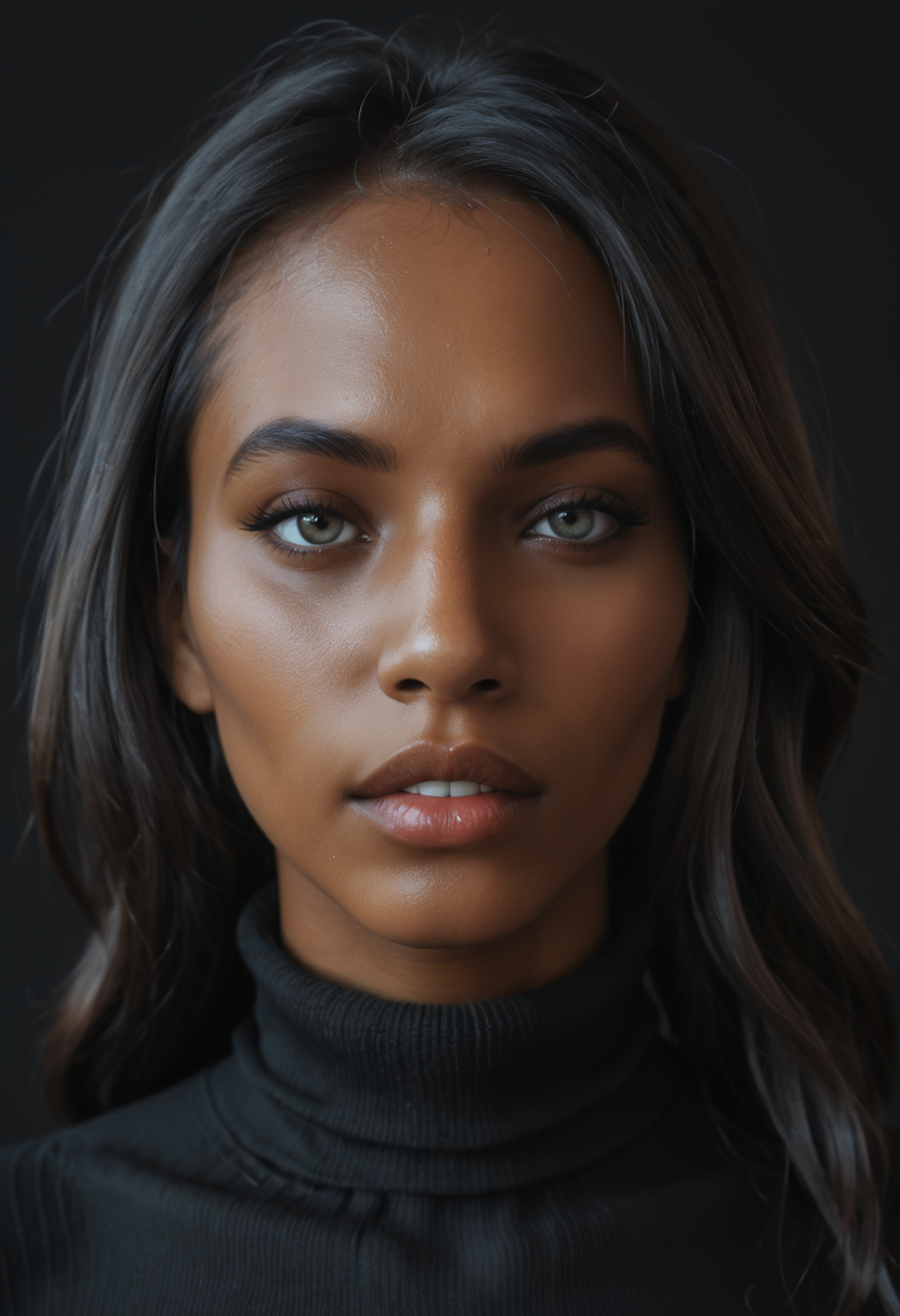 <lora:Camila-PXL:1> Camila-PXL, Camila, dark-skinned female, black background, simple background, portrait, turtleneck, mouth close, <lora:eyedetailpxl:1> eyedetailpxl <lora:hairdetailpxl:1> hairdetailpxl <lora:skindetailpxl:1> skindetailpxl, score_9, score_8_up, score_7_up, score_6_up, score_5_up, score_4_up,