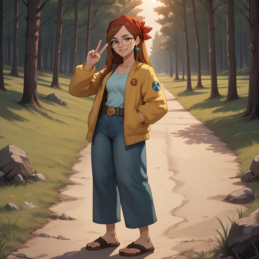 score_9, score_8, BREAK, solo, red bandana, auburn hair, glasses, freckles, lips, peace symbol earrings, yellow long sleeves, sleeveless mini jacket, long jeans, flip flops, total drama, Miles_(Total_Drama), belt, black eyes, sexy pose, self portrait, smile, outdoors, sunlight, shadows, evening lighting, natural lighting, forest, trees, grass, orange sky, sunset