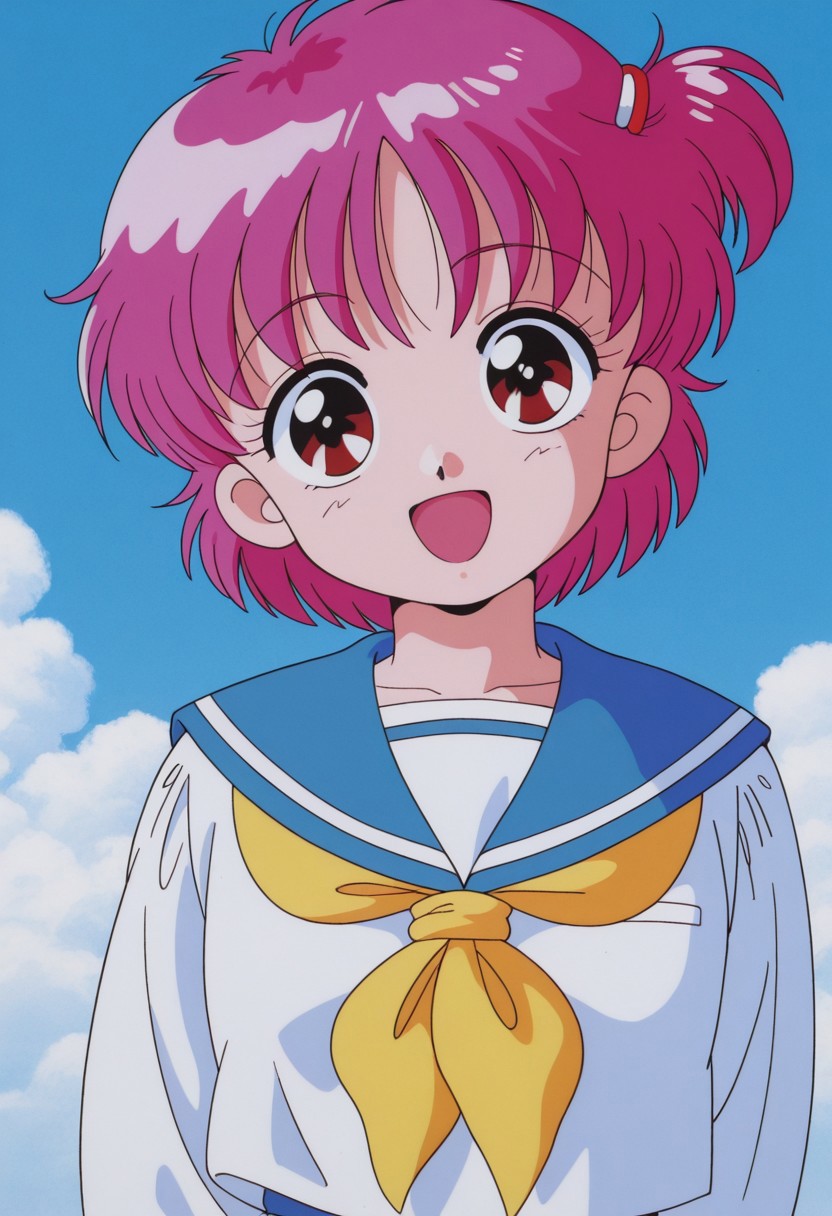 masterpiece, best quality, source_anime,official art,perfect_anatomy,1990s_\(style\),retro_artstyle,wapiko,1girl,pink hair,short hair,hair ornament,hairclip,school uniform,sailor colla,rserafuku,long sleeves,looking_at_viewer,smile,open_mouth,upper body,day,blue_sky,cloud