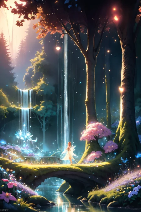( detailed realistic background:1),
( official art, beautiful and aesthetic:1 ),
realistic lighting,
cinematic lighting,
hyperrealism,
soothing tones,
muted colors,
high contrast,
soft light,
sharp,
artistic photoshoot,
<lora:FeyAndFairies-11:0.8>FeyFa, , forest, trees, middle, path, waterfall, through, background, stream, flowers, lights, running, in the foreground stands a fairy in front of her fairy house, light,( cute, petite ),
slender,
european,
pale cheeks,
square face shape with angular jaw,
natural "no-makeup" makeup,
big breasts,
,
ginger hair ,
straight and sleek  ,wearing a see-through gossamer fairy short dress,
night time, darkness,