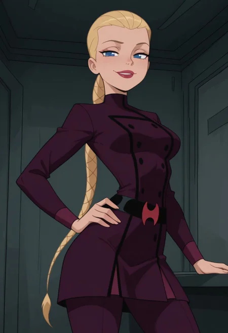 masterpiece, best quality, amazing quality, very aesthetic, absurdres, newest, 1girl, solo, indoors, looking at viewer, HuntsgirlS2, Human Female, Blue Eyes, Braided Ponytail, Low Ponytail, Long Ponytail, Blonde Ponytail, Blonde Hair, Hair Slicked Back, Lips, Red Lips, Blue Eyes, Braided Ponytail, Low Ponytail, Long Ponytail, Blonde Ponytail, Dark Purple Uniform, Waist Belt, cowboy shot, hand on hip, seductive smile