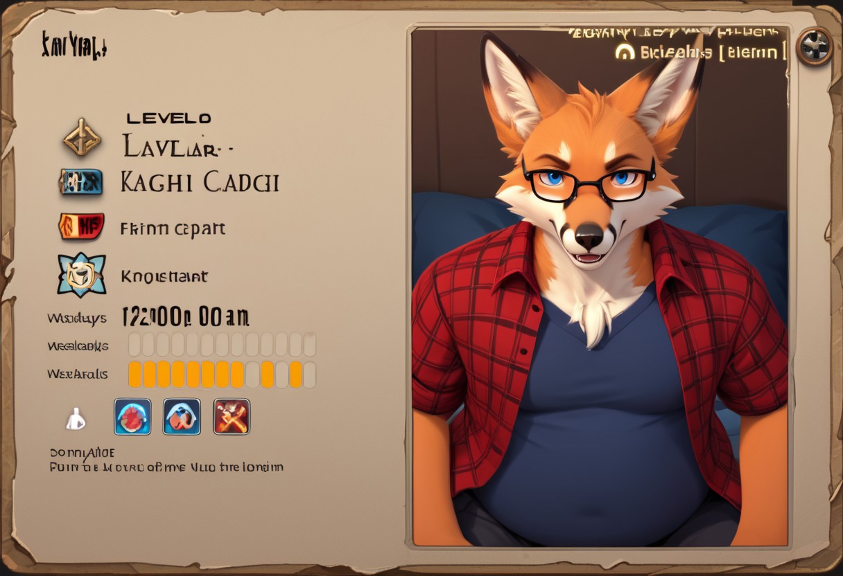 score_9, score_8_up, score_7_up, source_furry, furry, anthro, male, fox, chubby, red plaid shirt, black-rimmed glasses, blue eyes, XIVaPlate, english text, player_name:"Diamon" job:"Fox"