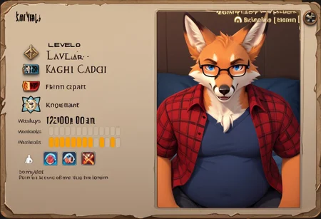 score_9, score_8_up, score_7_up, source_furry, furry, anthro, male, fox, chubby, red plaid shirt, black-rimmed glasses, blue eyes, XIVaPlate, english text, player_name:"Diamon" job:"Fox"