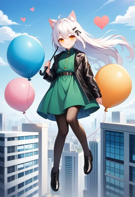 (masterpiece), (score_9, score_8_up, score_7_up,source_anime), best quality, ultra-detailed,24K, illustration, (Uncorrected), CG,
Latex, girl and cat, (holding umbrella:1.2), animal cat, cat focus,
Multiple balloons, huge balloon, (heart-shaped ballons:1.2).
(Girl, floating, white hair, ultra-long hair, amber eyes, ultra-detailed eyes:1.2), green dress, jacket, pantyhose, leather shoes,
in Rooftop of Skyscraper, modern city, Skyscraper,