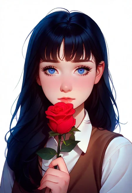 1girl, solo, face portrait, looking at viewer, facing camera, white collared shirt, brown vest, holding rose,
((white background)), diffused light,
long dark hair, blue eyes,
artist : tsuaii, vectorial, masterpiece, best quality, very aesthetic,