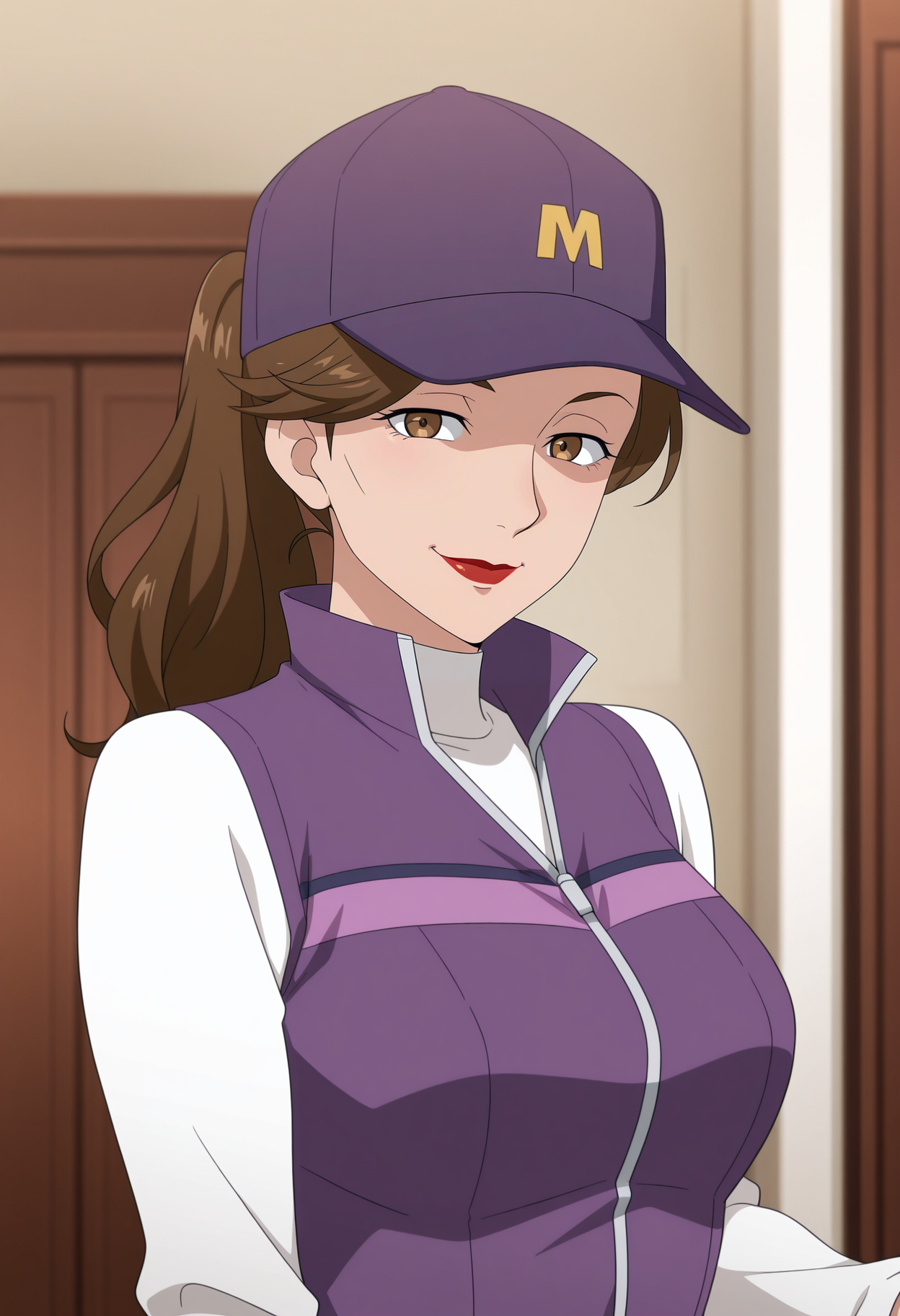 1girl,solo,mm,mature female,brown hair,brown eyes,long hair,ponytail,lipstick,anime coloring,
hat,white shirt,long sleeves,purple jacket,upper body, looking at viewer, smile,indoors
,masterpiece,best quality,amazing quality,<lora:Remelda-Birdie_Wing_Golf_Girls_Story:0.8>