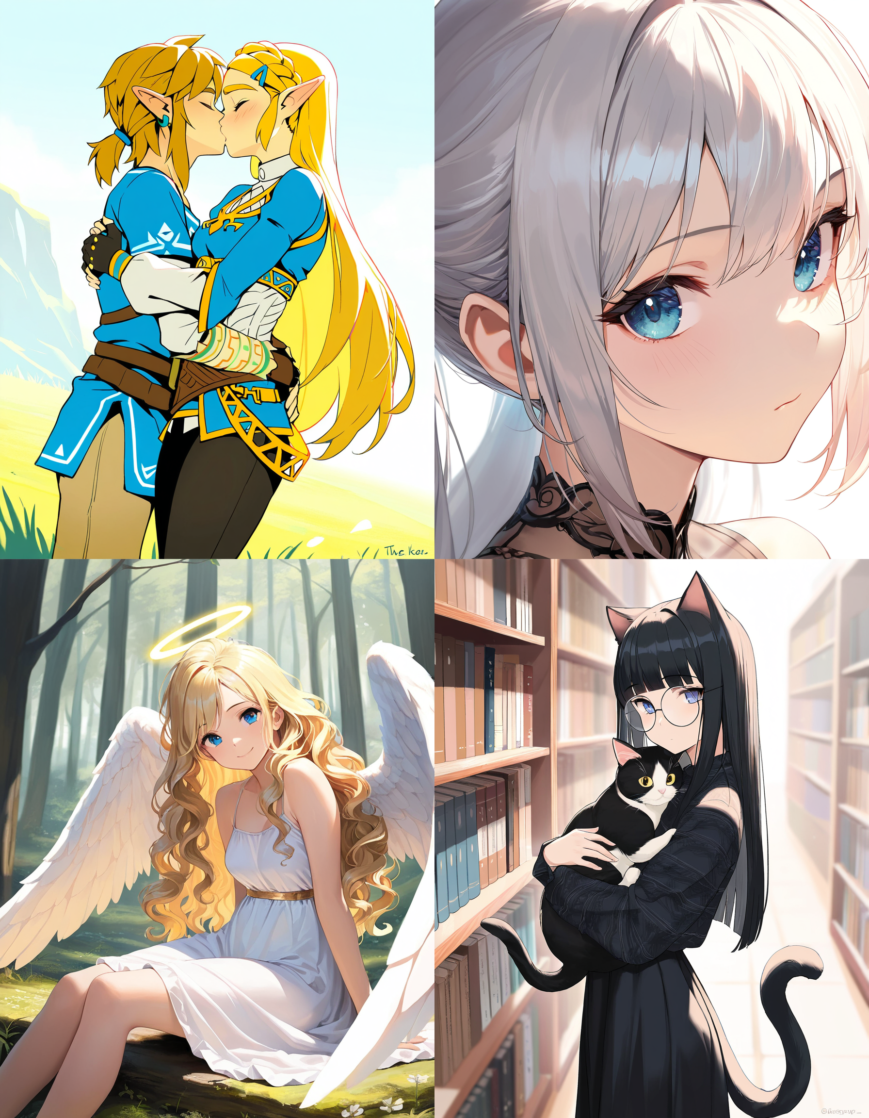 https://civitai.com/articles/8642 __ 1st image: masterpiece, best quality, 1girl, 1boy, princess zelda, the legend of zelda: breath of the wild, standing, kiss, hug, closed eyes, outdoors __ 2nd image: masterpiece, best quality, 1girl, face, portrait, looking at viewer, closed mouth __ 3rd image: masterpiece, best quality, 1girl, solo, blonde hair, wavy hair, angel, angel wings, halo, smile, sitting, forest, white dress __ 4th Image: masterpiece, best quality, 1girl, solo, long hair, black hair, blunt bangs, straight hair, round eyewear, cat girl, cat ears, cat tail, standing, hug, cat, looking at viewer, library
