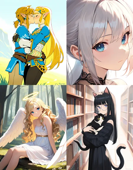 https://civitai.com/articles/8642 __ 1st image: masterpiece, best quality, 1girl, 1boy, princess zelda, the legend of zelda: breath of the wild, standing, kiss, hug, closed eyes, outdoors __ 2nd image: masterpiece, best quality, 1girl, face, portrait, looking at viewer, closed mouth __ 3rd image: masterpiece, best quality, 1girl, solo, blonde hair, wavy hair, angel, angel wings, halo, smile, sitting, forest, white dress __ 4th Image: masterpiece, best quality, 1girl, solo, long hair, black hair, blunt bangs, straight hair, round eyewear, cat girl, cat ears, cat tail, standing, hug, cat, looking at viewer, library