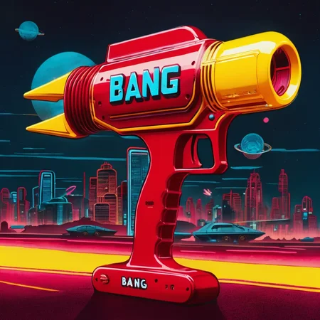 a red Vintage Toy Raygun with the word: (BANG) in yellow on the frame, sci-fi planet landscape background <lora:Vintage_Toy_Raygun:1>, Cyberpunk art style, futuristic cityscapes, neon-lit streets, high-tech and low-life, cybernetic enhancements, dystopian and gritty atmosphere
