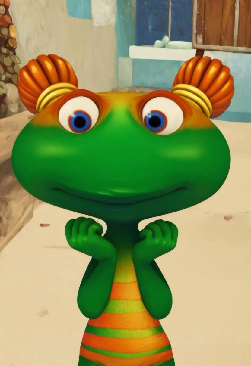 lulu zipadoo, 1girl, furry, anthro, female turtle (frog shaped head), green skin, blue eyes, orange eyelid, orange hair, yellow hair ties, pigtails, wide head, chibi, 3 oranges stripes around belly, plump, little tail, wide hips, short body, short legs, Expressiveh, realistic, 3d, wide eyed, score_8_up, score_7_up, BREAK, 1girl, solo, closeup, frown, hands on cheeks, no shell, bare hands