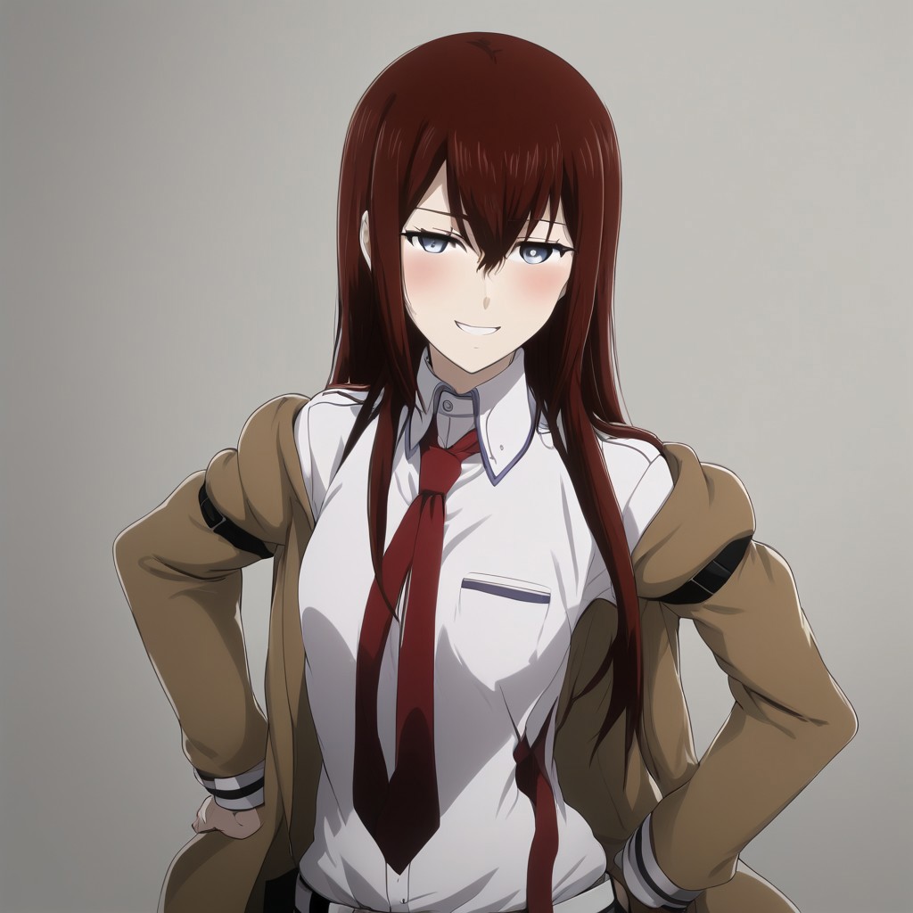 A naughty image of Makise Kurisu leaning forward at the viewer , white shirt , red necktie , arm-up , jacket , naughty blush on face , smiling , anime style