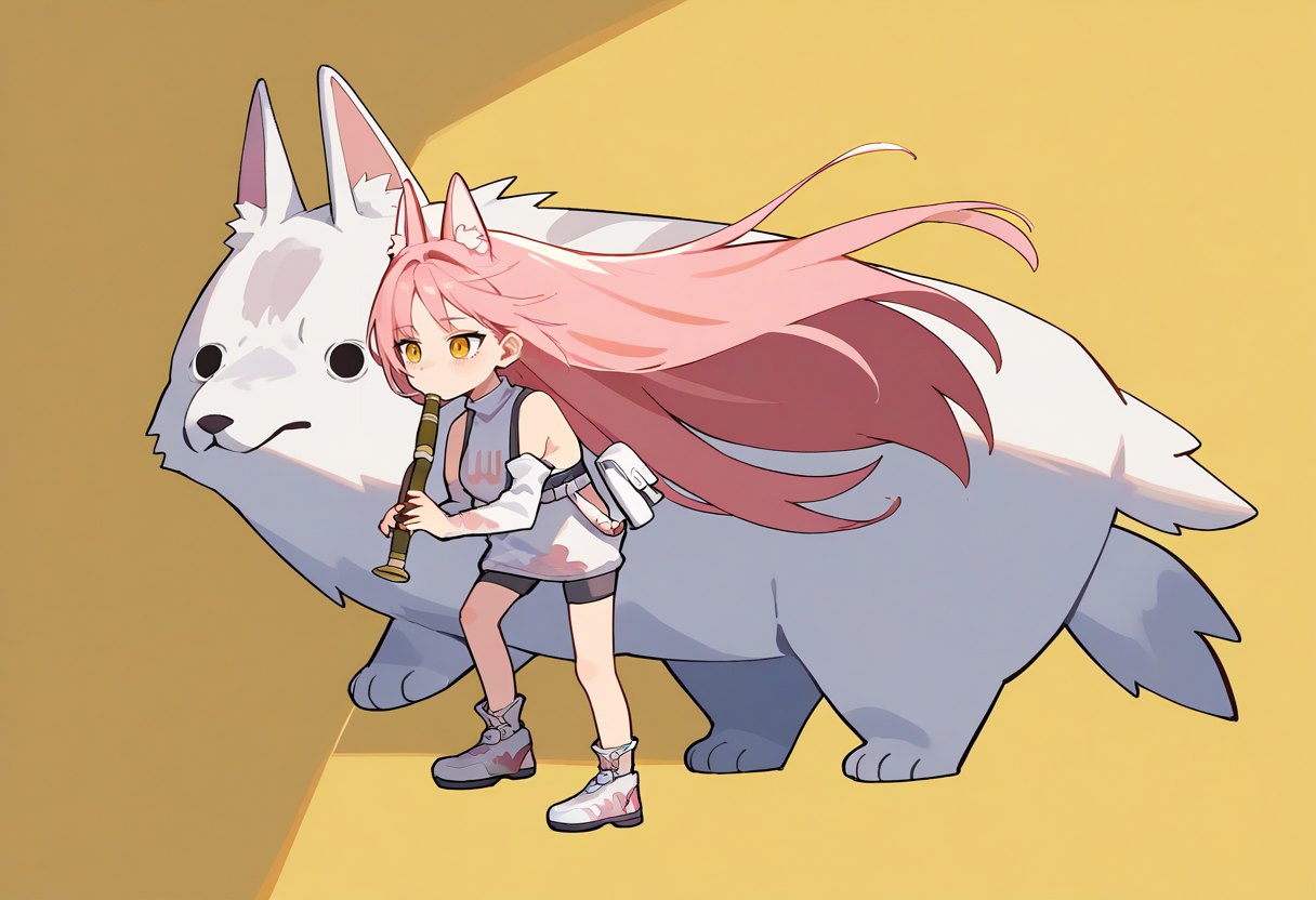score_9, score_8_up, score_7_up, source_anime, simple background, yellow background, solo, 1girl, leona, kyoufuuallback, full body, holding flute, pink hair, long hair, animal ears, yellow eyes, white sweater, turtleneck, sweater dress, sports bra, detached sleeves, white belt, spandex shorts, sideboob <lora:concept_kyoufuuallback_ponyXL:1> <lora:leona-nikke-richy-v1_pdxl:1>
