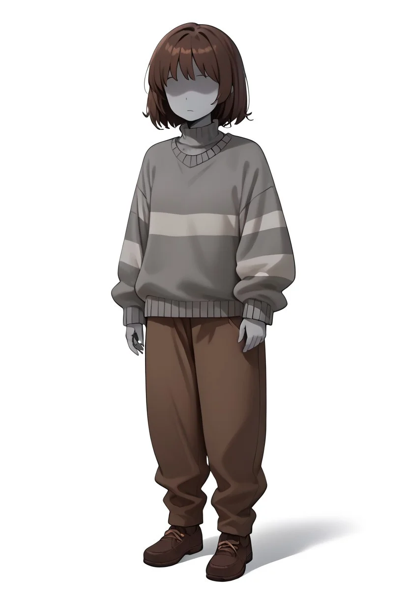 score_9, score_8_up, score_7_up, masterpiece, hd, source_anime, vesseldn, 1girl, solo, teenager, grey skin, slim, faceless, lack of facial features, no facial features, faceless, no_face, blank_face, brown hair, grey sweater, sweater, two horizontal white stripes, two stripes, white stripes, brown shoes, brown pants, standing, full body, facing viewer, white background