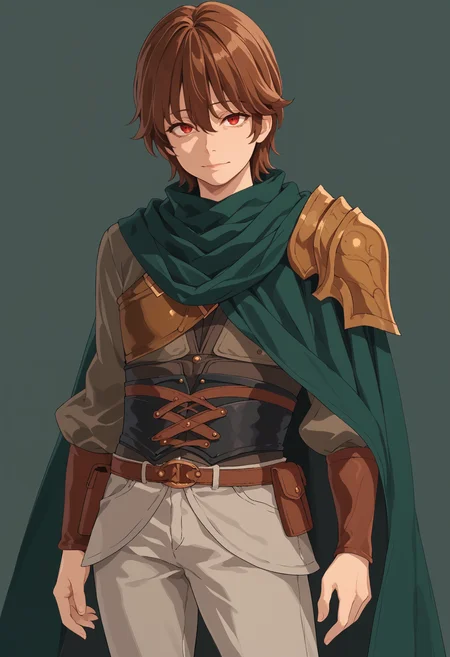 score_9, score_7_up, solo, standing, keyaruroh, brown hair, hair between eyes, red eyes, green shirt, corset, single pauldron, bracer, armor, multiple belts, bandolier, green cape, belt, pouch, grey pants, <segment:yolo-AnzhcFaceseg640v2y8n.pt,0.4,0.3>