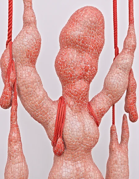 colored skin, nude, red rope, grey background, wet,Keresztes,,