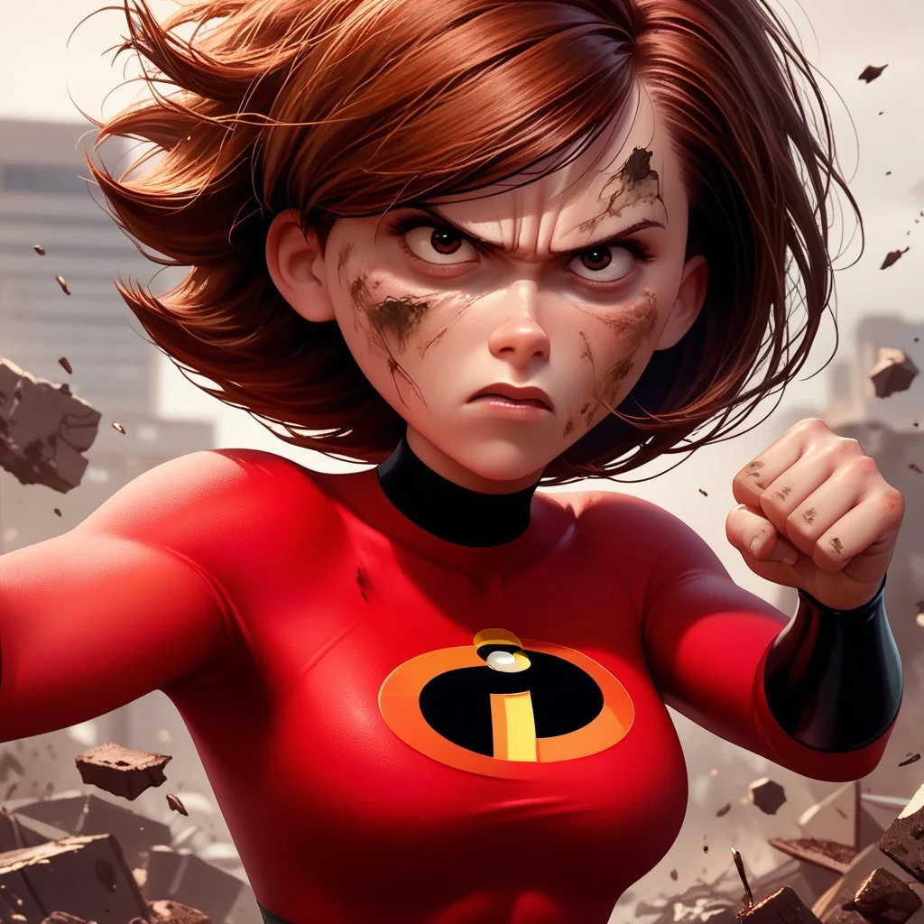 score_9, score_8_up, score_7_up, score_6_up, score_5_up, score_4_up, rating_questionable, 1girl, Hel_enParr, superhero, eye mask, big hips, torn and ripped clothing, dirty, cuts and bruises, determined look, punching, stretchy arms, rubble, wind blowing hair, short hair