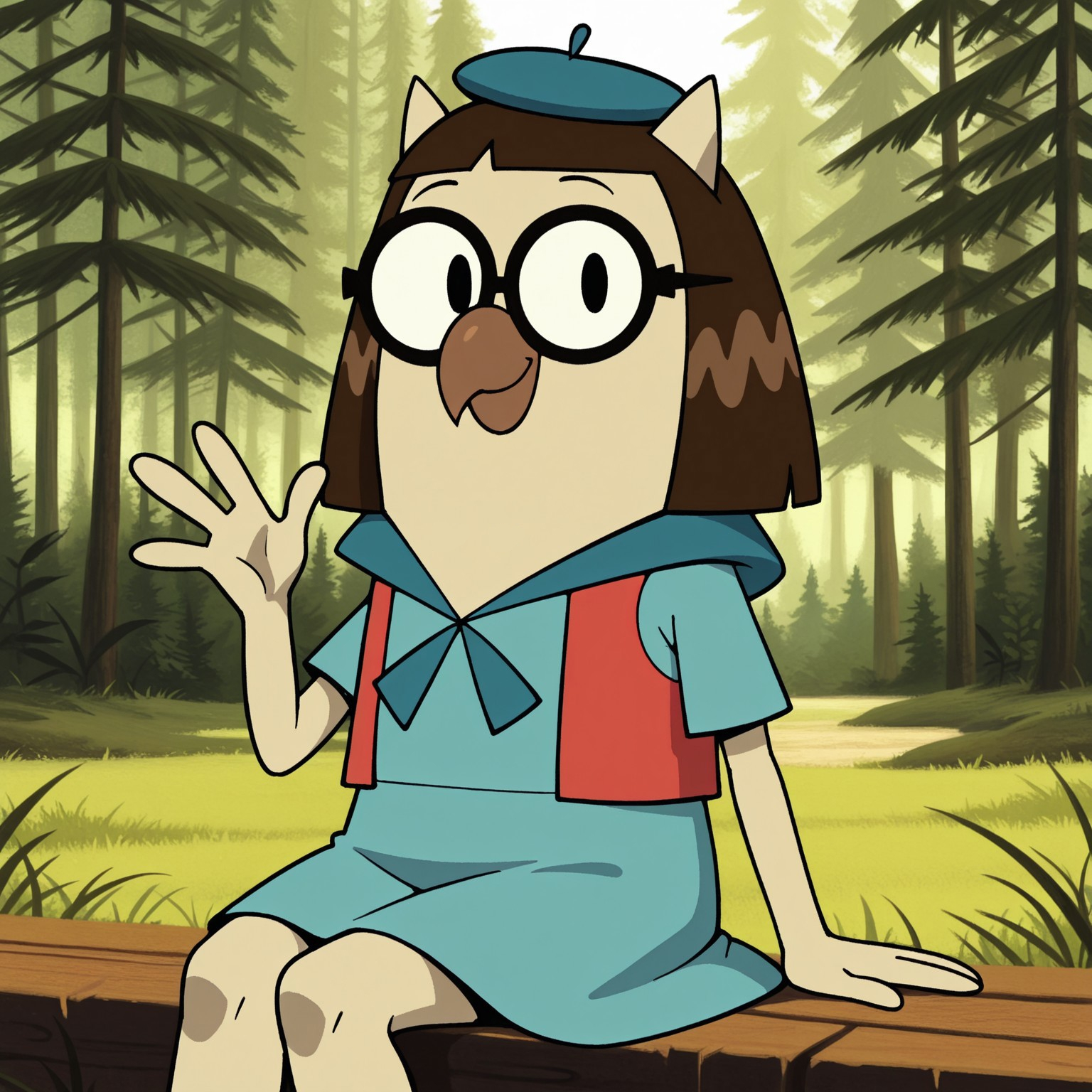 8k, uncensored, masterpiece, best quality, highly detailed, realistic, 1girl, solo, AlmondineCL, furry, anthro, avian, owl, brown hair, medium hair, black eyebrows, thin eyebrows, black glasses, round glasses, black eyes, brown beak, light-tan skin, smile, closed mouth, dark-blue beret, blue topwear, scout outfit,  (looking at viewer, sitting, grass, forest, trees, front view, detailed background, flat chested, (4 fingers, waving), feet out of frame, blue skirt