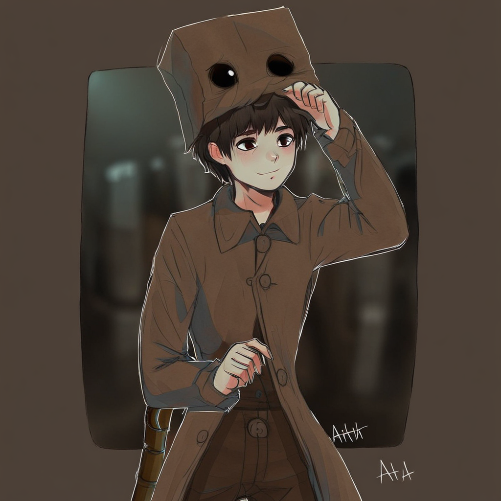Boy wearing a white shirt and brown pants under a brown trench coat, Boy wearing a brown paper bag on, bright eyes, short brown hair, small boy