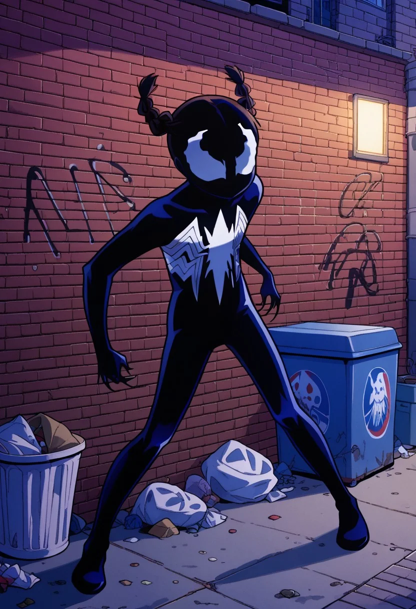 score_8, score_8_up, score_7_up, 1girl, solo, female focus, Katie_PP, Katie_Venom, twintails,short twintails,twin braids, flat chest, mask, bodysuit, claws, full body, outdoors, alleyway, brick wall, trash can, dumpster, graffiti, night, dark, horror (theme), (from above:0.5), short