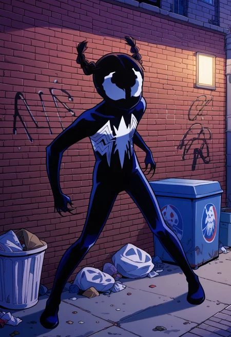 score_8, score_8_up, score_7_up, 1girl, solo, female focus, Katie_PP, Katie_Venom, twintails,short twintails,twin braids, flat chest, mask, bodysuit, claws, full body, outdoors, alleyway, brick wall, trash can, dumpster, graffiti, night, dark, horror (theme), (from above:0.5), short