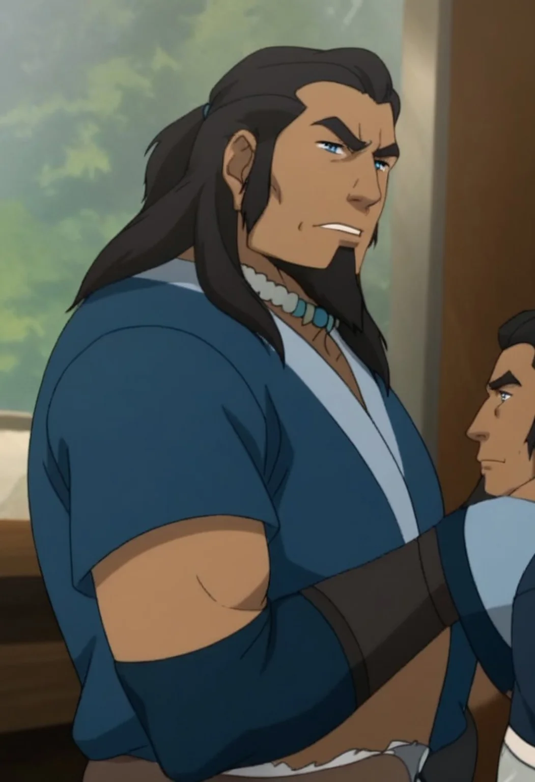 1boy, beard, male focus, dark-skinned male, dark blue eyes, long hair,