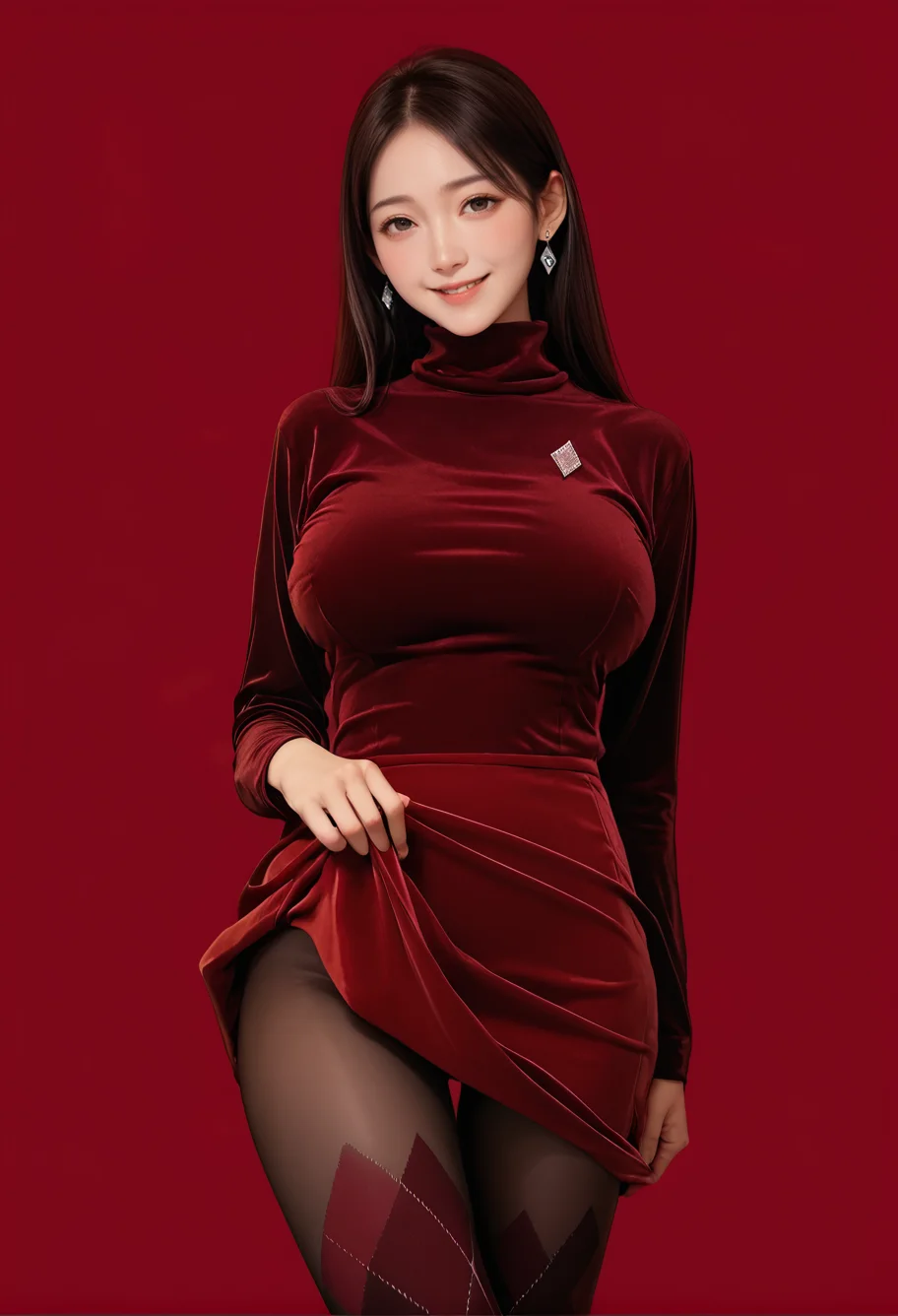 1girl,red background,,ruanyi0965,red dress,short dress,black pantyhose,argyle legwear,turtleneck,dress lift,<lora:0965 Home wear 12_v1_pony:1>, score_9, score_8_up, score_7_up, score_6_up, score_9, score_8_up, score_7_up, score_6_up source_anime, blush, 1girl, seduce smile, perfect body , natural huge breasts