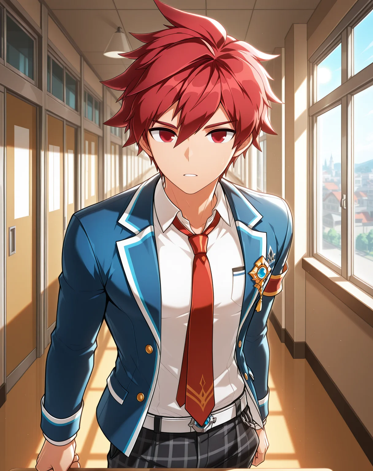 masterpiece,best quality,amazing quality, newest, very aesthetic, absurdres,
1boy, solo, yaoi, male focus, looking at viewer, cowboy shot,
<lora:Elsword_Knight_Emperor_ilxl:1> elswordke, red hair, red eyes,
school uniform, white shirt, collared shirt, blue jacket, red necktie, black pants, plaid pants,
indoors, school, hallway, window, day, sun,